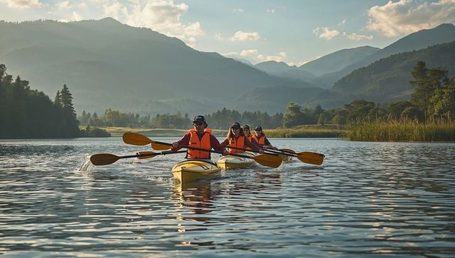 Paddling four adults in yellow kayaks on serene mountain lake during golden hour