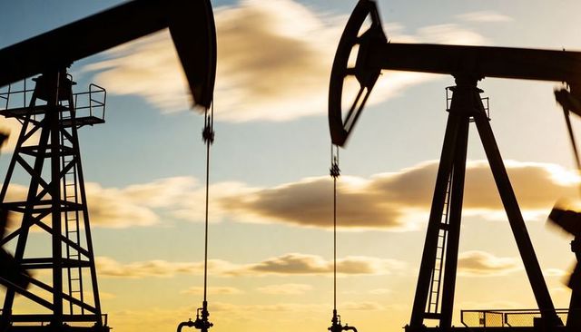 Pumpjacks pumping at golden hour casting long silhouettes over rural oil field horizon