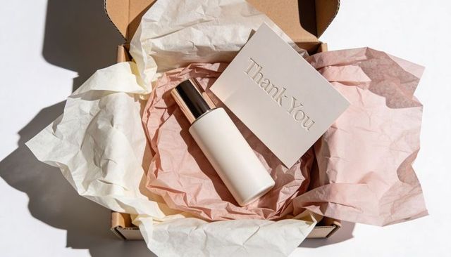 Unboxing luxury skincare box featuring matte serum bottle with gold cap and thank you card
