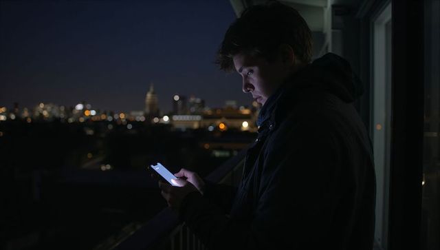 Hooded man using smartphone on balcony at night, city dome skyline in background