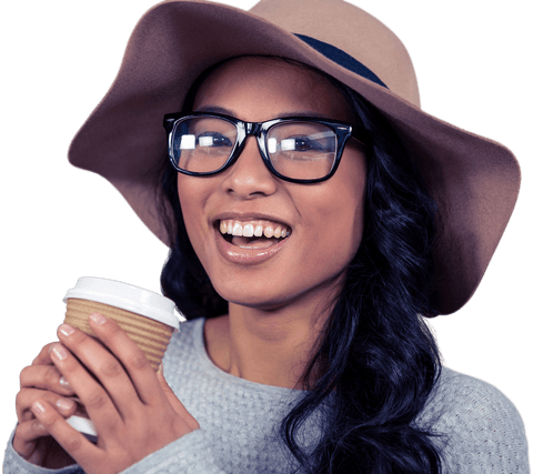 Happy Woman with Stylish Hat Holding a Transparent Coffee Cup