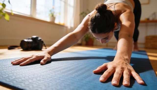 Young woman stretching on blue yoga mat at home sunlight pouring from window dslr nearby