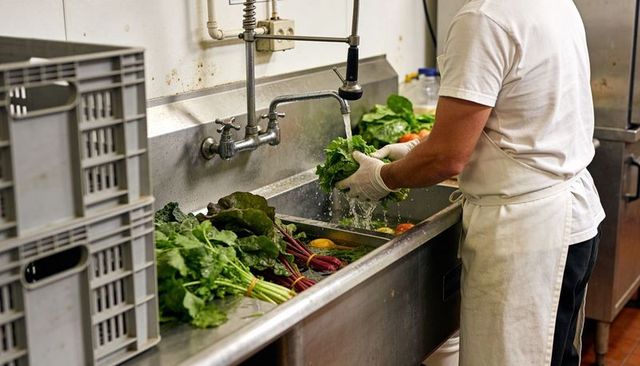 Male cook washing fresh leafy greens at stainless kitchen sink wearing apron and gloves