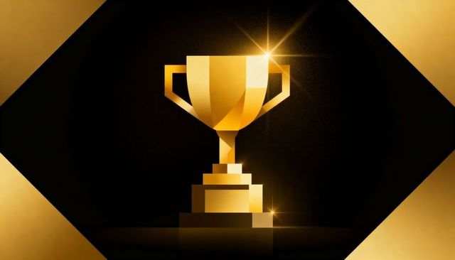 Golden trophy cup gleaming on hexagon stage featuring sparkling lens flares and pedestal