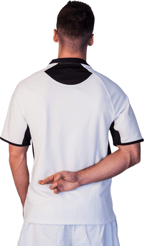 Transparent rear view rugby player fingers crossed gesture