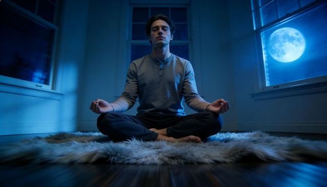 Young man meditating at night with full moon through window on furry rug