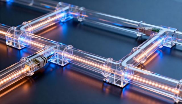 Modular transparent led conduit grid emitting amber glow, futuristic circuit detail