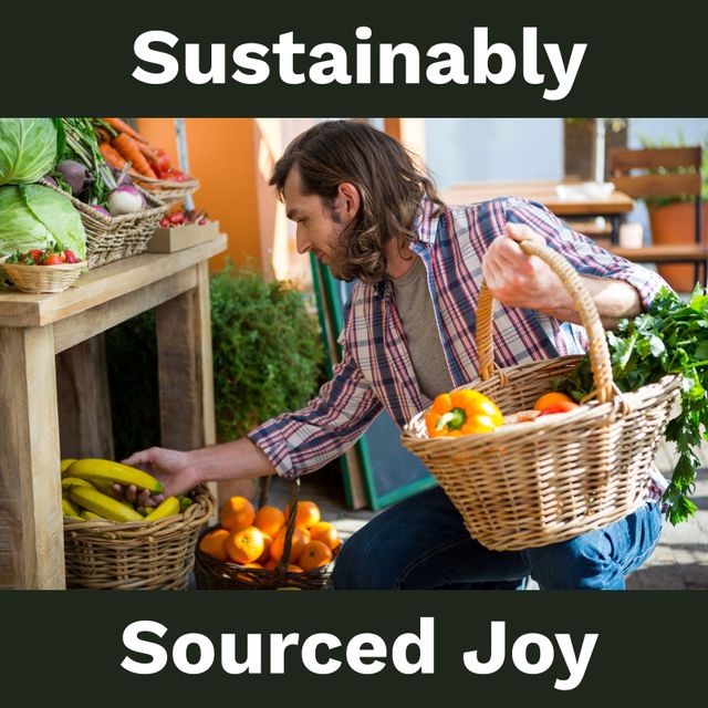 Image depicts a caucasian farmer at a market, carefully selecting and placing fresh, organic fruits and vegetables into a woven basket. Ideal for use in topics related to sustainable farming, agriculture, local produce, healthy eating, and farmers' markets. Perfect for promoting organic food businesses, eco-friendly campaigns, and articles on sustainable living.