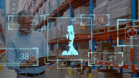 Augmented Reality Tech Monitoring Caucasian Warehouse Worker