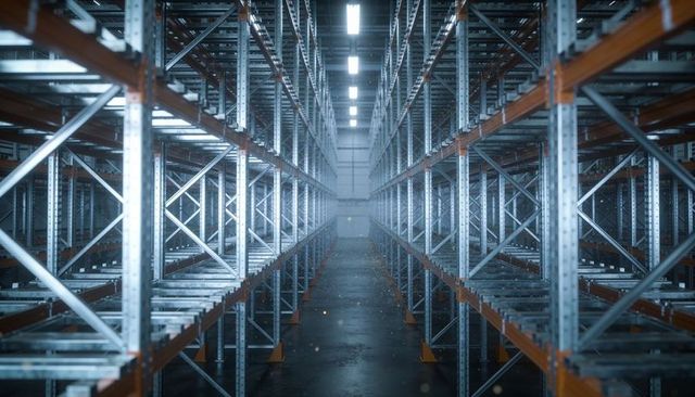 Warehouse pallet racking aisle with symmetric steel shelving leading to loading door