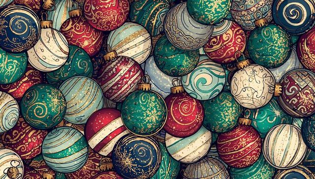 Colorful vintage-style christmas ornaments overflowing with gold glitter and brass caps