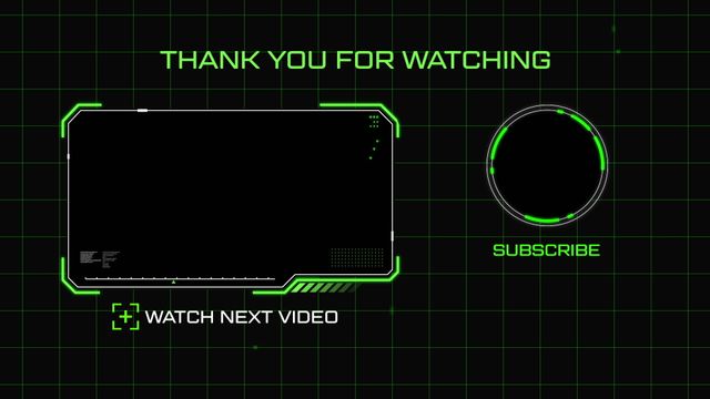 Template features green neon elements and a digital grid on a black background, ideal for YouTube or other video platforms. Adds a modern, tech-savvy touch to your video outros. Use it to encourage viewers to subscribe and watch more of your content with stylish graphical elements and clear calls to action.