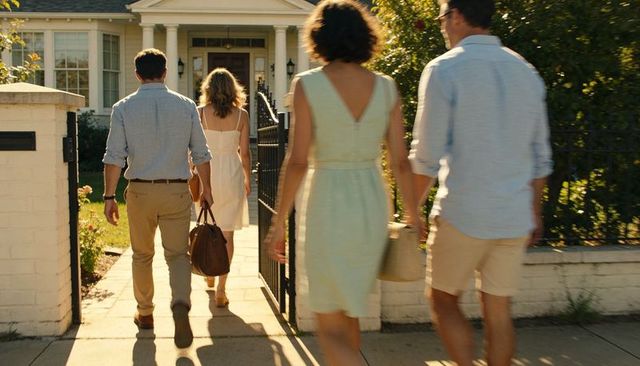 Four adults walking through wrought iron gate toward suburban house on summer afternoon