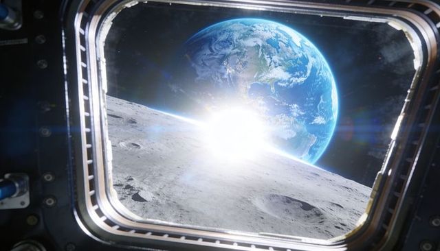 Lunar sunrise revealing earth rising through spacecraft window with cratered foreground