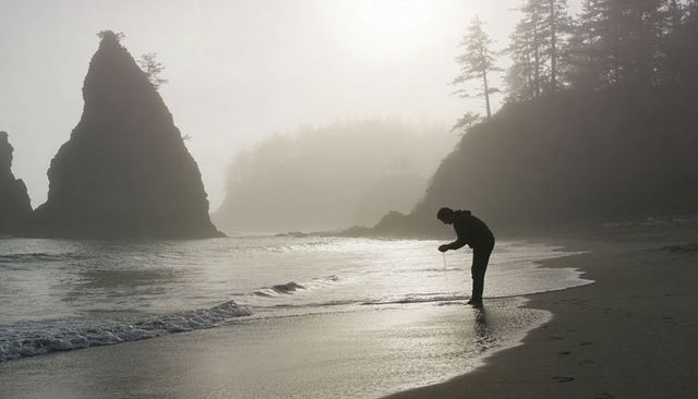 Solitary silhouette cupping water on foggy coastal beach with sea stacks and footprints