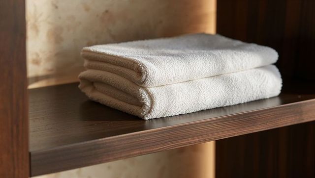 Stacking White Terry Towels on Dark Wood Shelf with Warm Ambient Light