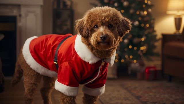 Curly brown dog in santa outfit near christmas tree
