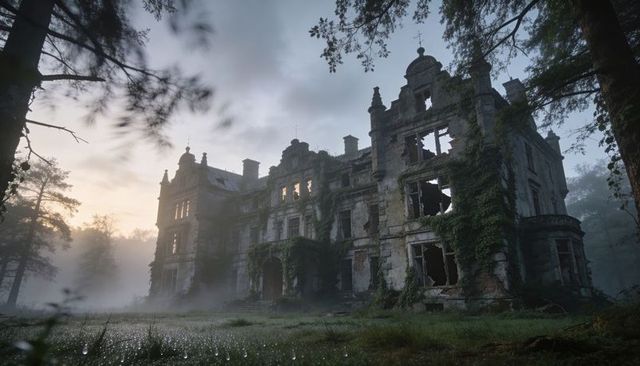 Ivy-covered abandoned manor at dawn overgrown ruin in misty forest with broken windows