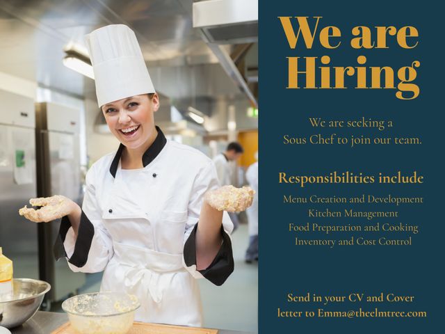 Female chef in restaurant kitchen holding cooking tools and smiling. We Are Hiring text included with details and job responsibilities. Perfect for job advertisements, recruitment campaigns, culinary schools, restaurant marketing materials.