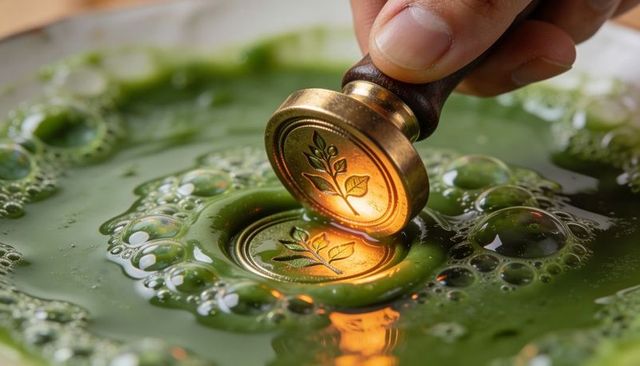 Pressing brass leaf seal into glossy green wax creating golden botanical imprint