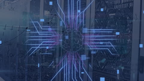 Advanced Digital Circuit Board Overlay on Server Room