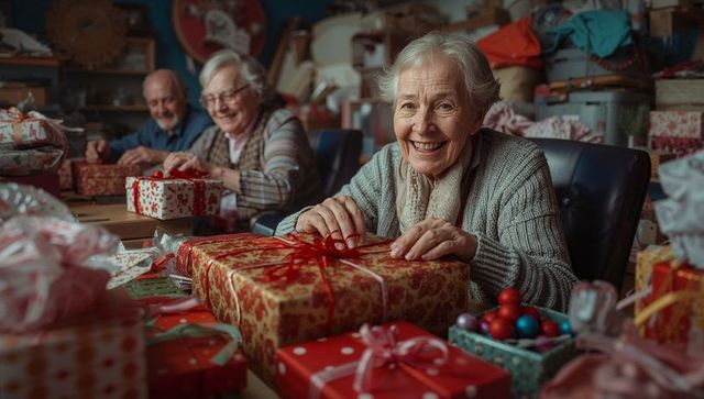 Smile of Elderly Artisan Wrapping Gifts at Craft Workshop