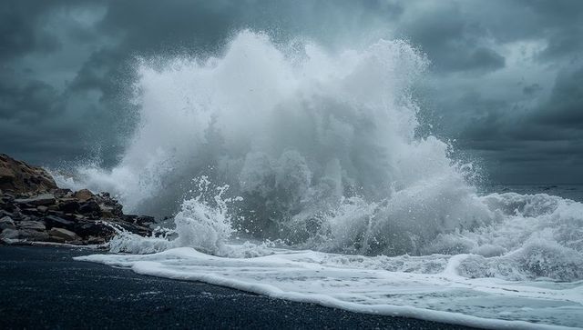 Towering ocean wave crashing on dark rocky shore under moody storm sky