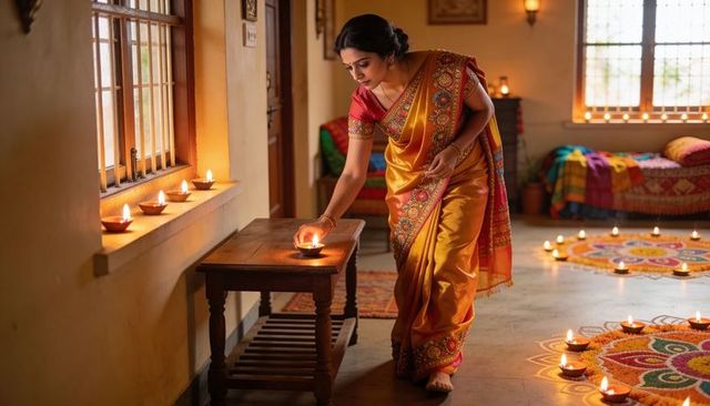 Indian woman lighting diyas in yellow-red saree beside rangoli for diwali celebration