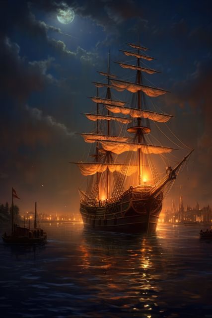 A majestic tall ship glows under the moonlit sky, anchored at sea. Illuminated sails set a tranquil scene, evoking the romance of nautical adventures of yore.