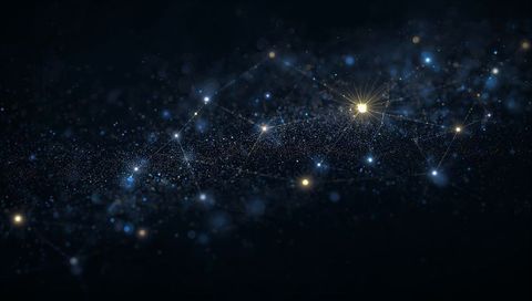 Connecting network of blue nodes with golden starburst, abstract digital constellation