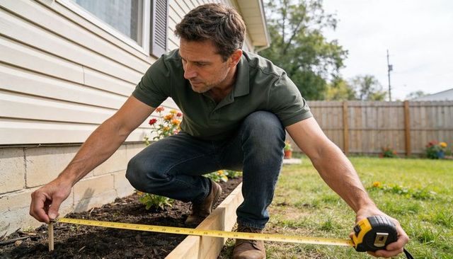 Man measuring raised garden bed along house with tape measure for backyard landscaping