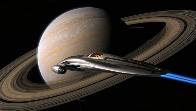 Sleek futuristic starship gliding past ringed gas giant with bright blue engine plume
