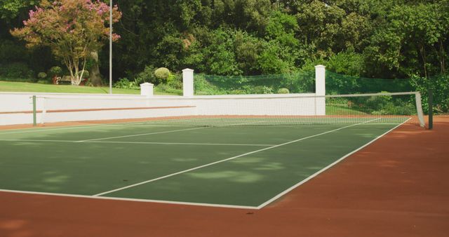 Empty outdoor tennis court in sun and shade, surrounded by trees. Sport, competition, match, game, hobbies and leisure activities.