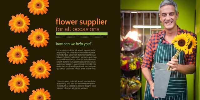 Smiling Florist Holding Sunflowers in Shop with Firewheel Flowers - Download Free Stock Templates Pikwizard.com