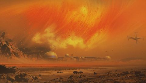 Futuristic Domed Colony Facing Swirling Orange Sky Vortex With VTOL Craft and Drones