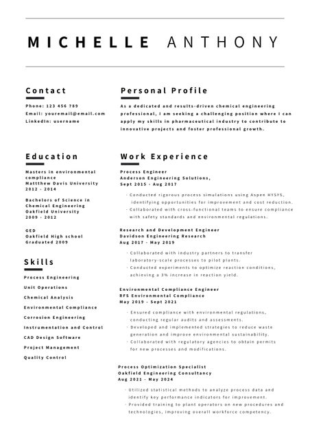 This professional resume template of a Chemical Engineer highlights qualifications, work experience, and skills in innovation project management. It is ideal for professionals applying for roles in engineering, industrial chemicals, or project management and is perfect for showcasing comprehensive profiles on job portals and professional networking sites.
