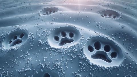 Scarce large animal paw print on snowy terrain