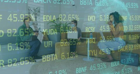 Masked Colleagues Discuss Overlaid with Stock Market Data