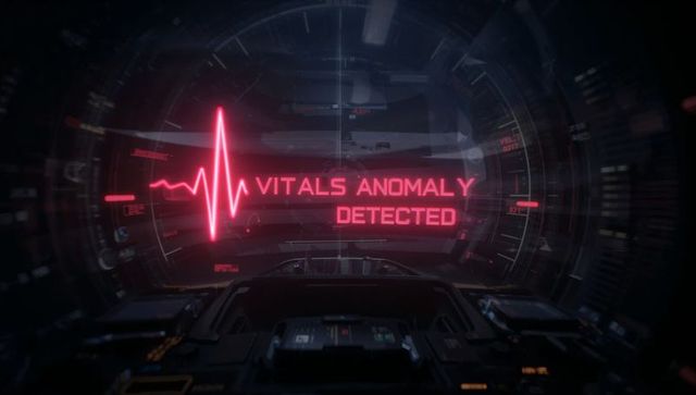 Displaying red hologram medical alert in spacecraft cockpit hud with ecg pulse warning