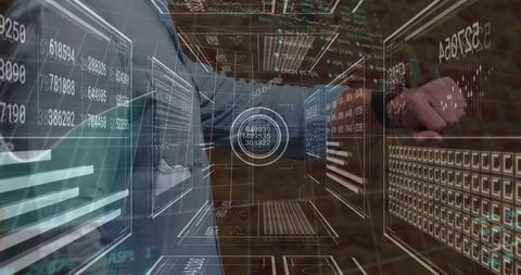 Business Professionals Manipulating Holographic Data Dashboards with Gesture Controls