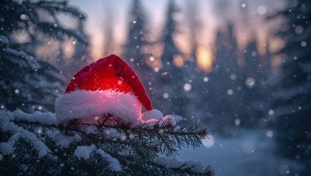 Santa Hat Resting on Snowy Pine Branch at Twilight with Falling Snow and Bokeh Lights