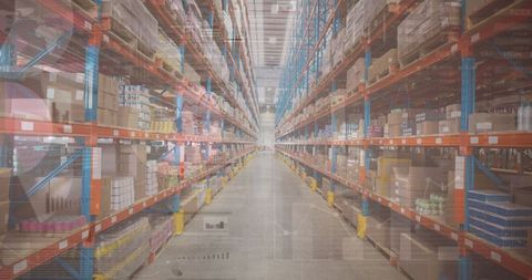 Warehouse Aisle Overlaid with Financial Data Visualization - Download Free Stock Images Pikwizard.com
