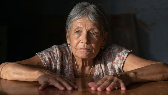 Senior woman leaning on wooden table, contemplative gaze, low-key natural light