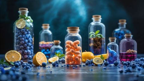 Creative juxtaposition of capsules and botanicals in elegant arrangement