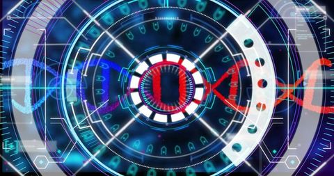 Futuristic holographic biotech interface projecting concentric ui hub with dna strand