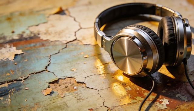 Metal over-ear headphones resting on cracked painted wood surface with patina textures