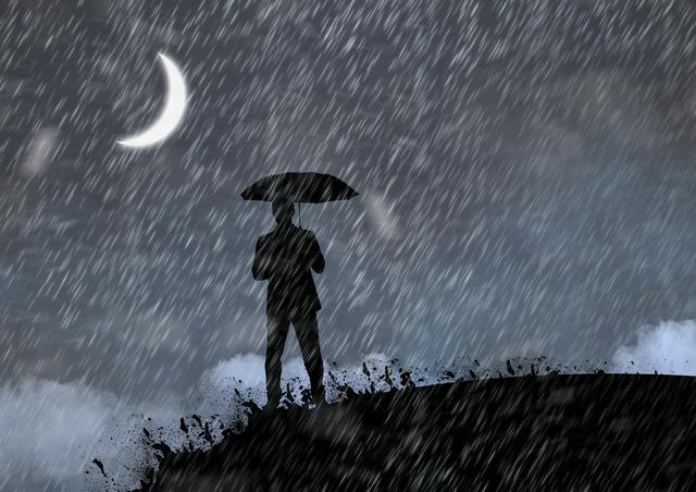 Silhouette of a man standing on a hill, holding an umbrella, under a heavy downpour with a crescent moon in the background. Ideal for themes involving solitude, weather phenomena, resilience, or nocturnal settings in creative projects, header images, or blog illustrations.