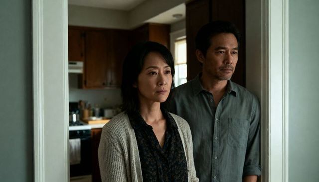 Middle-aged Asian couple standing at kitchen doorway sharing quiet contemplative moment together