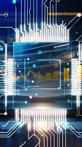Processor Activating on Circuit Board with Power Pulse and Data Flow, Vertical Tech Video