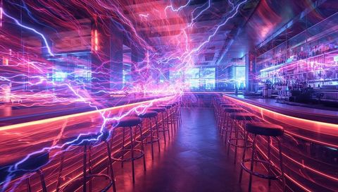 Futuristic neon bar pulsing with electric light streaks and glowing multicolor ambience